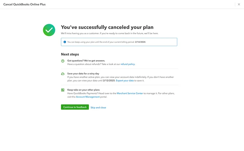 QuickBooks cancellation confirmation: plan canceled, access until the end of the billing period, and how to export your data